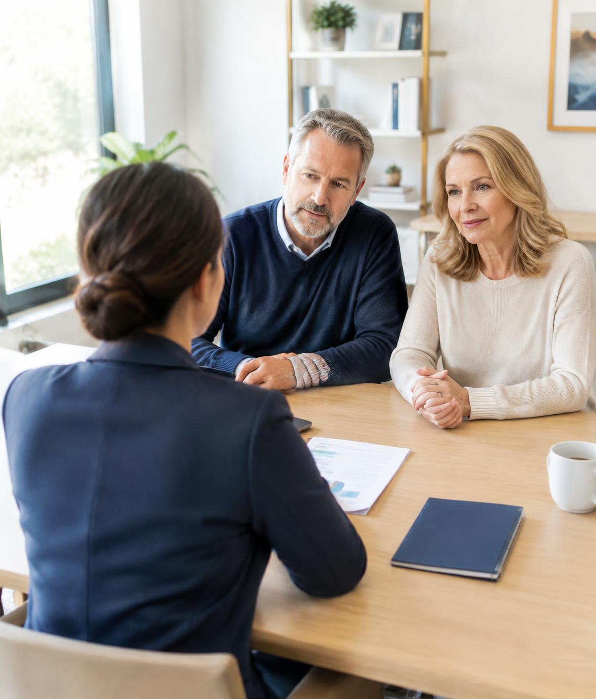 Couple meeting with a retirement professional in a bright office